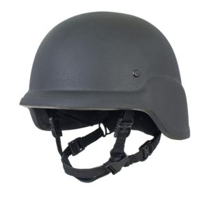 PASGT ballistic protection helmet, matte dark grey shell with four-point chin strap